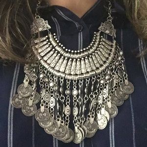 Silver statement coin necklace Egyptian Arab Bollywood